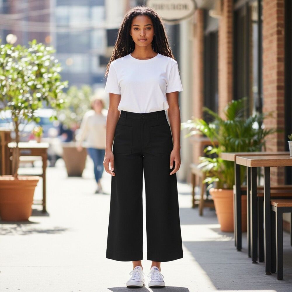 JNY Jones New York Black Ponte Knit Wide Leg Cropped Pants Size 6 High Waisted